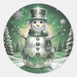 Green Snowman Snowflakes Holiday Sticker ラウンドシール