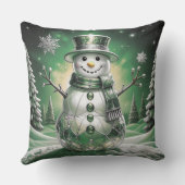 Green Snowman Snowflakes Holiday Throw Pillow クッション (裏面)