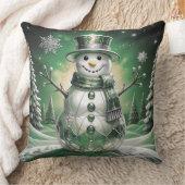 Green Snowman Snowflakes Holiday Throw Pillow クッション (ブランケット)