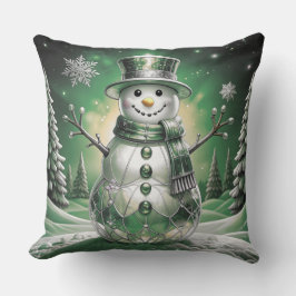 Green Snowman Snowflakes Holiday Throw Pillow クッション