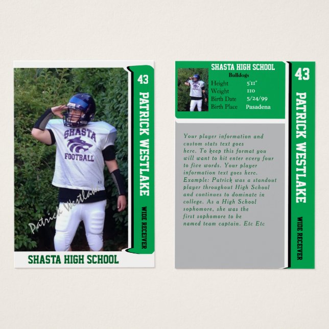 Green Sports Trading Card、Autograph付き (正面&裏面)