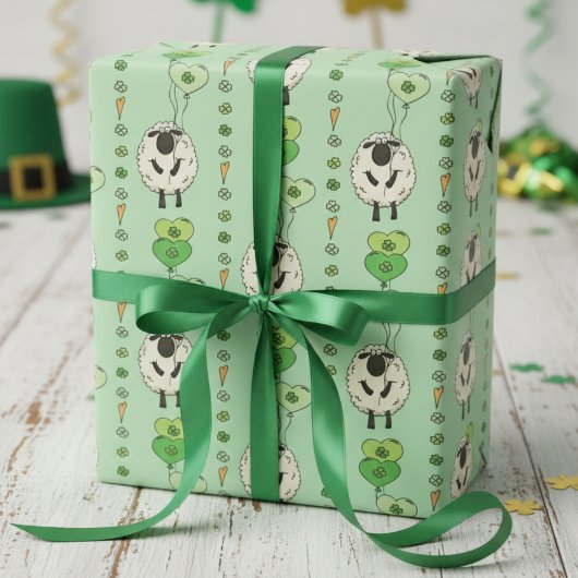 Green St. Patrick’s Day Sheep & Shamrock Balloons ラッピングペーパー