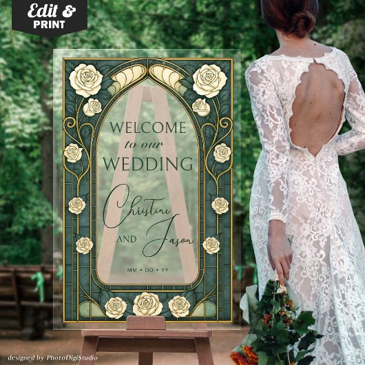 Green Stained Glass Art Nouveau Wedding Welcome  アクリルサイン