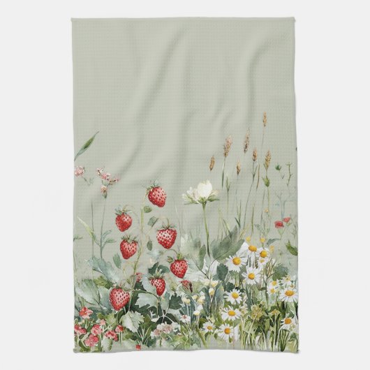 Green Strawberries Daisy Flowers キッチンタオル (縦)
