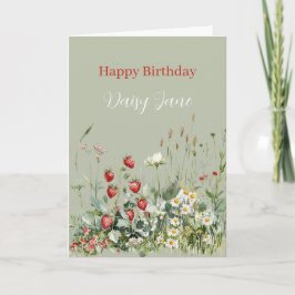 Green Strawberries Daisy Flowers Birthday カード