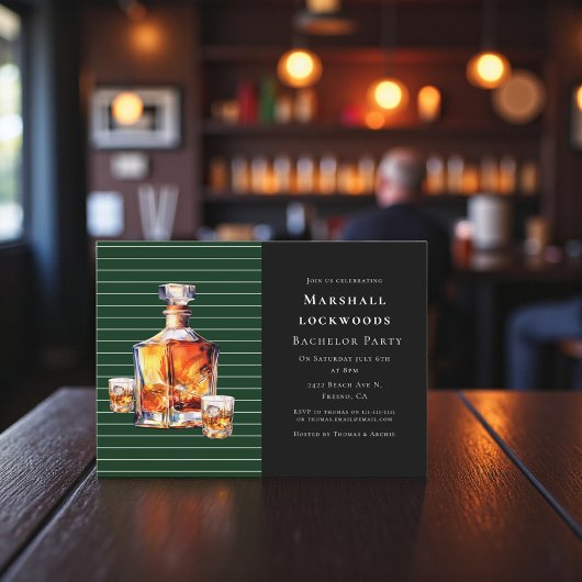 Green Stripe Amber Whiskey Bachelor Bash Invite 招待状
