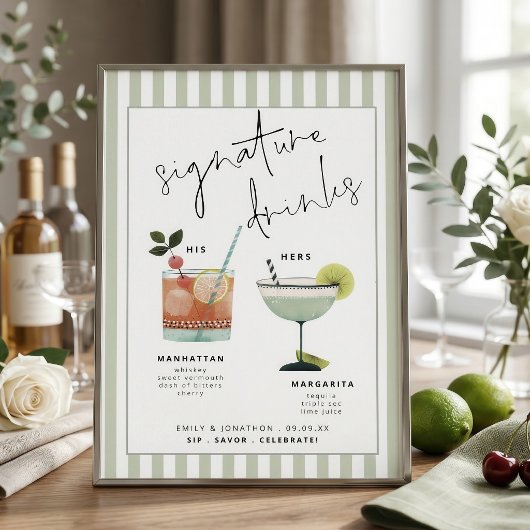 Green Stripe Bar Signature Drinks Cocktails Card 招待状