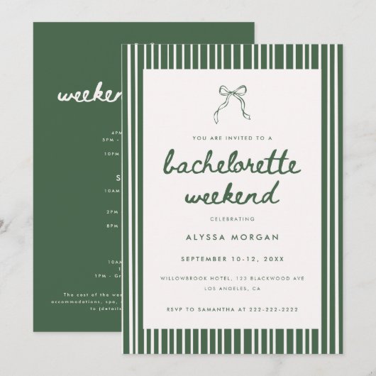 Green Stripe Coquette Bachelorette Weekend Details 招待状 (正面/裏面)