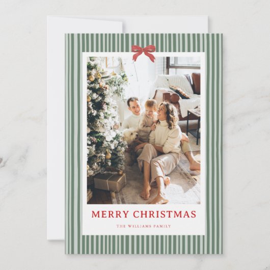 Green Stripe Red Bow Christmas Photo Holiday Card シーズンカード (正面)