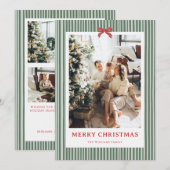 Green Stripe Red Bow Christmas Photo Holiday Card シーズンカード (正面/裏面)