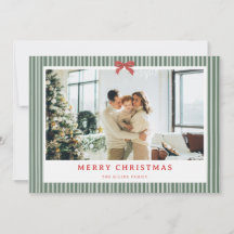 Green Stripe Red Bow Christmas Photo Holiday Card 