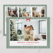 Green Stripe Red Bow Christmas Photo Holiday Card  シーズンカード (正面/裏面)