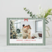 Green Stripe Red Bow Christmas Photo Holiday Card  シーズンカード (スタンド正面)