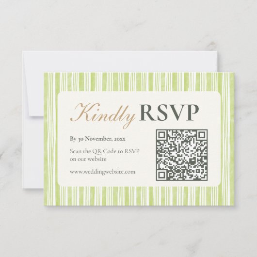 Green Stripe Wedding RSVP Postcards with QR Code (正面)