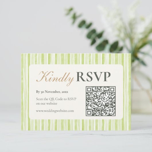 Green Stripe Wedding RSVP Postcards with QR Code (スタンド正面)