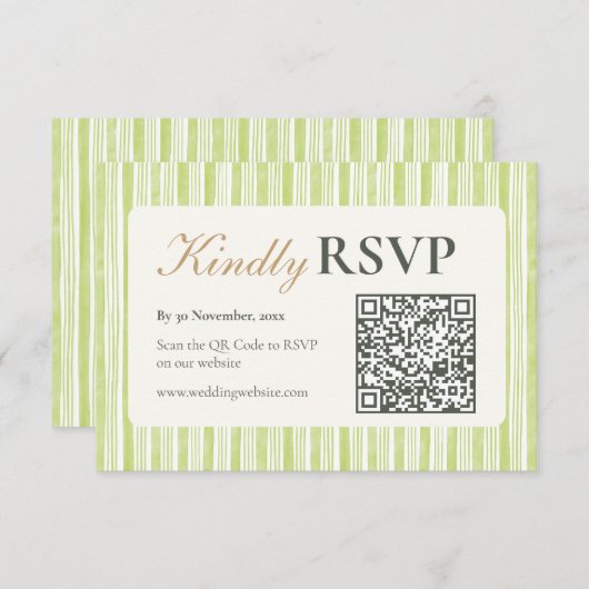 Green Stripe Wedding RSVP Postcards with QR Code (正面/裏面)