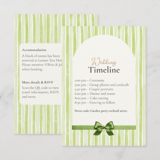 Green Stripe Wedding Timeline Cards with QR Code エンクロージャーカード (正面/裏面)