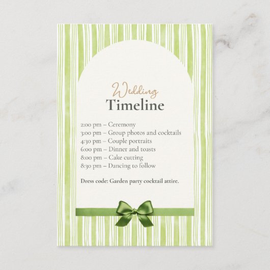 Green Stripe Wedding Timeline Cards with QR Code エンクロージャーカード (正面)