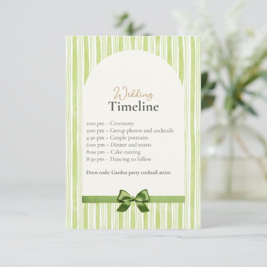 Green Stripe Wedding Timeline Cards with QR Code エンクロージャーカード (スタンド正面)