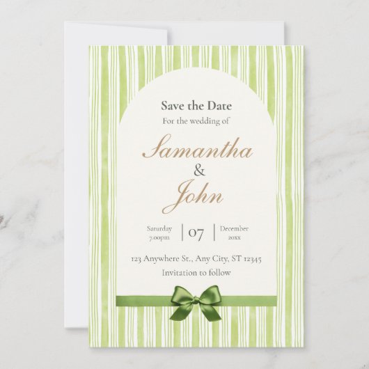 Green Stripe with Arch Wedding Save the Date Cards 招待状 (正面)