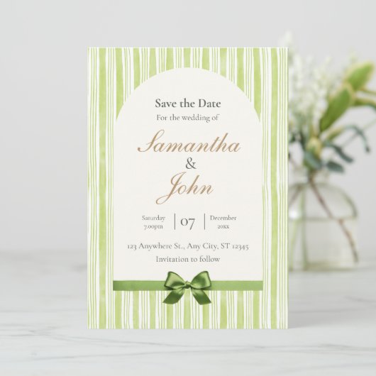 Green Stripe with Arch Wedding Save the Date Cards 招待状 (スタンド正面)