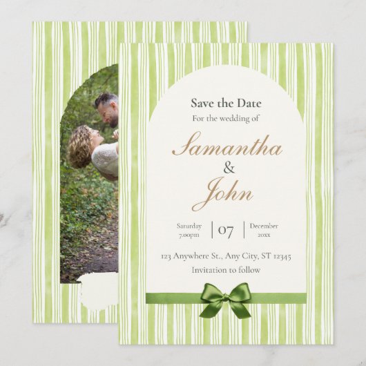 Green Stripe with Arch Wedding Save the Date Cards 招待状 (正面/裏面)