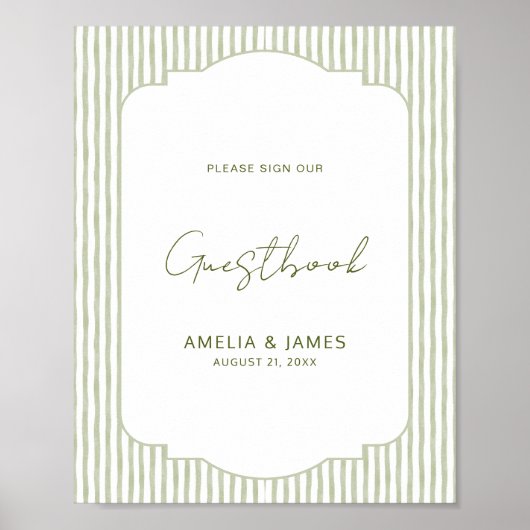 Green Striped Classic Wedding Guestbook Poster ポスター (正面)