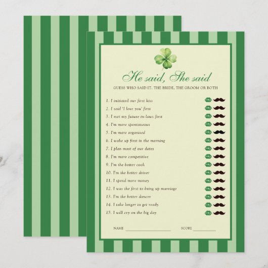 Green Striped Clover He said She said Game Card 招待状 (正面/裏面)