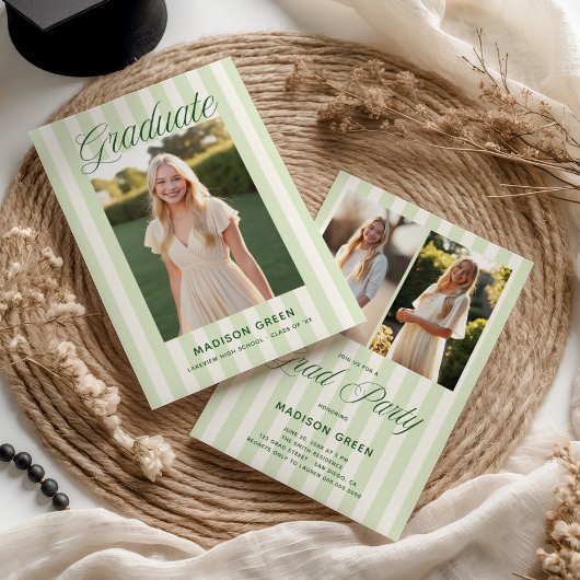 Green Striped Preppy Graduation 招待状