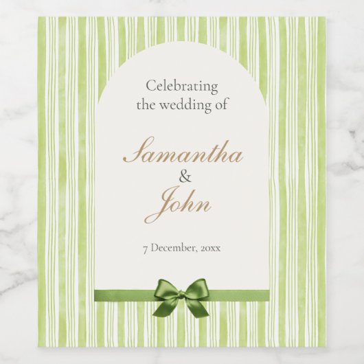 Green Striped Retro Wedding Wine Bottle Label ワインラベル (シングルラベル)