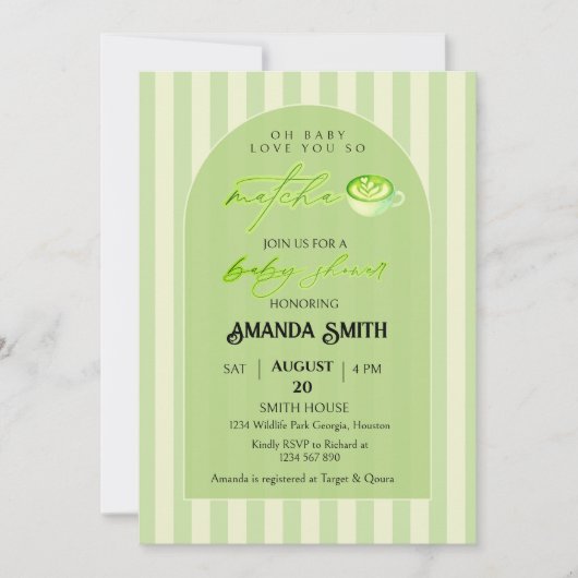  Green Stripes Arch Love You So Matcha Baby Shower 招待状 (正面)