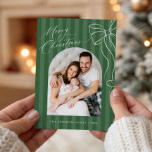 Green Stripes Bow Christmas Photo Card