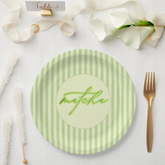 Green Stripes Matcha Scripted Baby Shower  ペーパープレート (ウェディング)