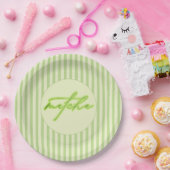 Green Stripes Matcha Scripted Baby Shower  ペーパープレート (パーティー)