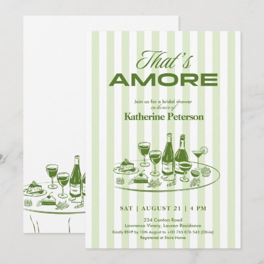 Green Stripes That's Amore Bridal Shower 招待状 (正面/裏面)