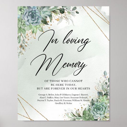 Green succulents eucalyptus In loving memory sign ポスター (正面)