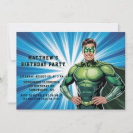 Green Superhero Boys Birthday Party 招待状
