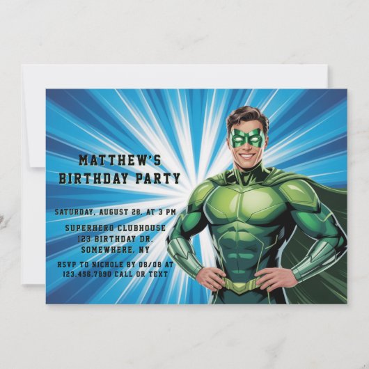 Green Superhero Boys Birthday Party 招待状 (正面)