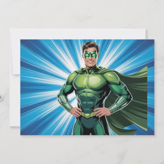 Green Superhero Boys Birthday Party 招待状 (裏面)