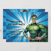Green Superhero Boys Birthday Party 招待状 (正面/裏面)