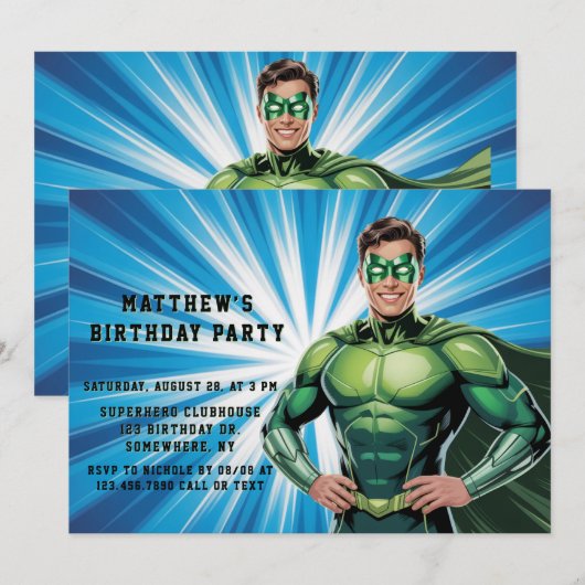 Green Superhero Boys Birthday Party 招待状 (正面/裏面)