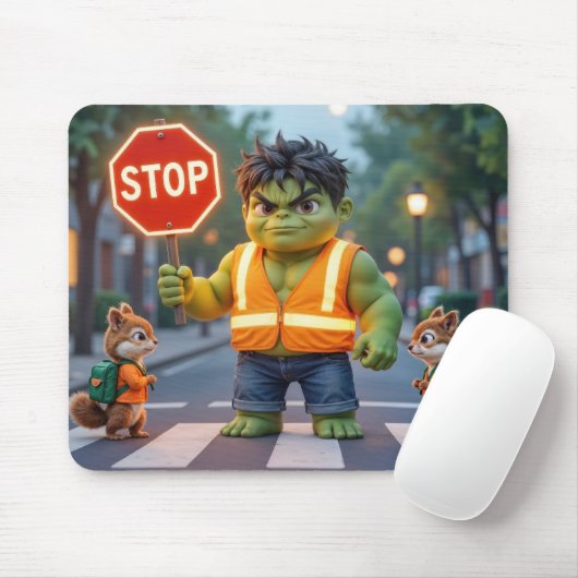 Green Superhero Crossing Guard With Chipmunks マウスパッド (マウス)