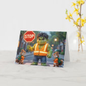 Green Superhero Happy School Year カード (黄色い花)