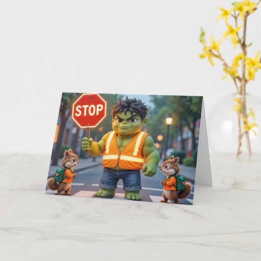 Green Superhero Happy School Year カード (黄色い花)