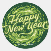 Green swerl Name Happy New Year ラウンドシール (正面)