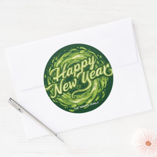 Green swerl Name Happy New Year ラウンドシール (封筒)
