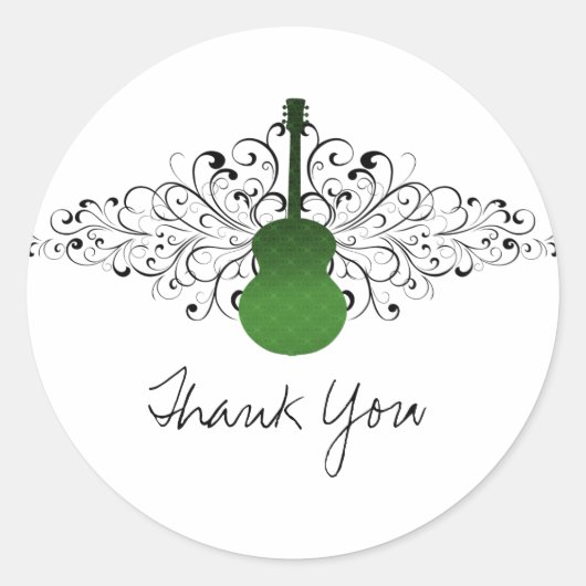 Green Swirls Guitar Thank You Stickers ラウンドシール (正面)