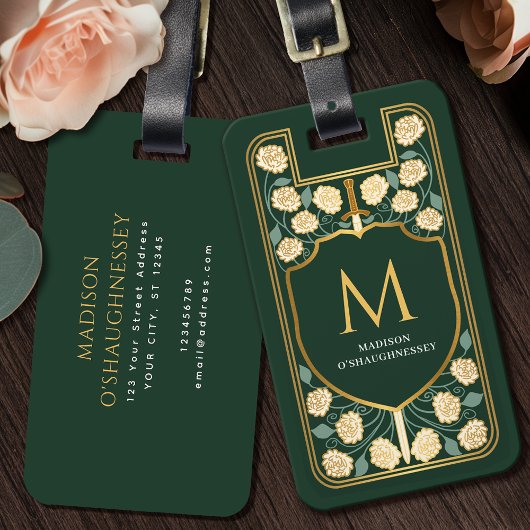 Green Sword Shield Medieval Fantasy Monogram ラゲッジタグ