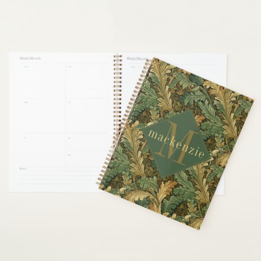 Green Tan Foliage William Morris Elegant Monogram プランナー手帳 (ディスプレー)