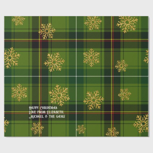 Green Tartan Gold Snowflake Personalized Christmas ラッピングペーパー (フラット)